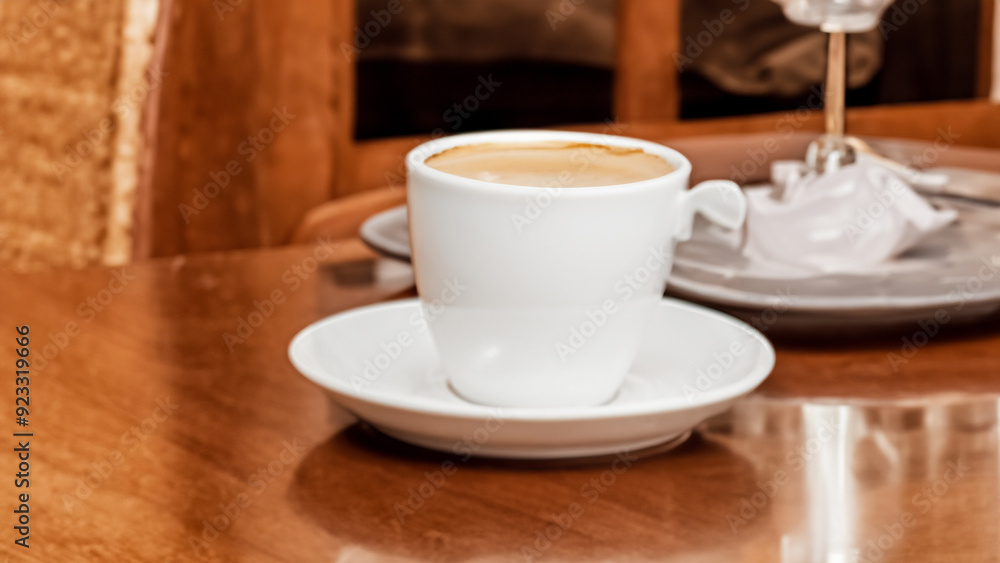 Fototapeta premium A cup of coffee on a table panorama view.