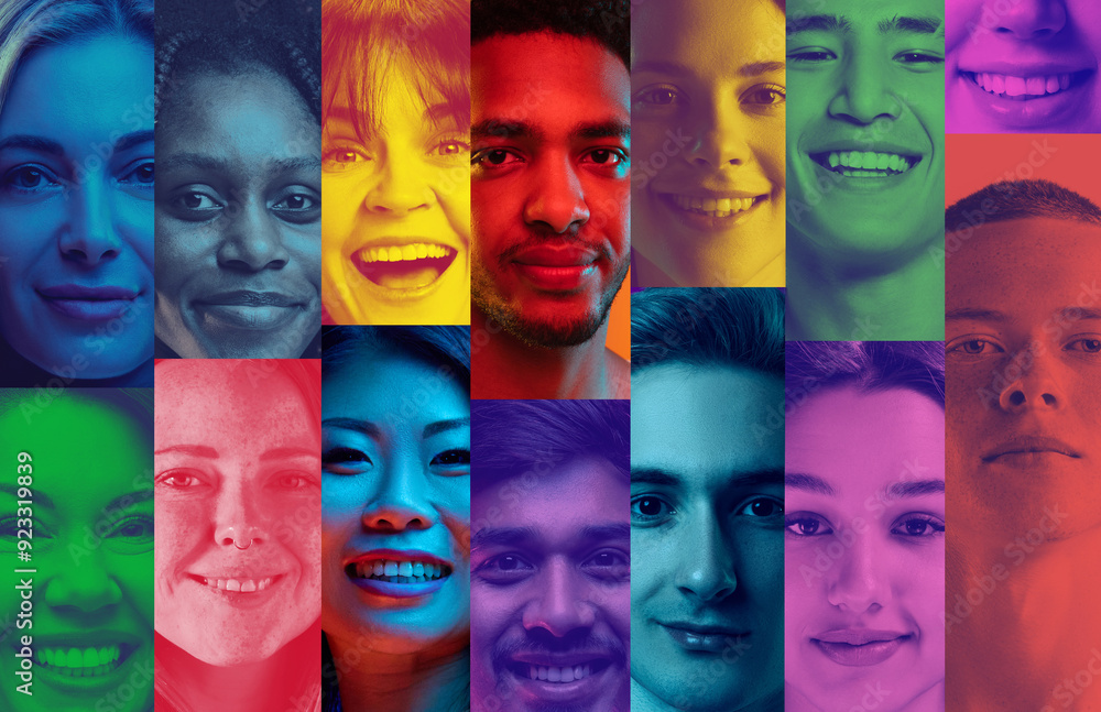 Obraz premium Vibrant collage of faces, each shining through bold, colorful stripes, captures joy and diversity of humanity, weaving together unique expressions in harmony. Concept of youth, social equality. Ad