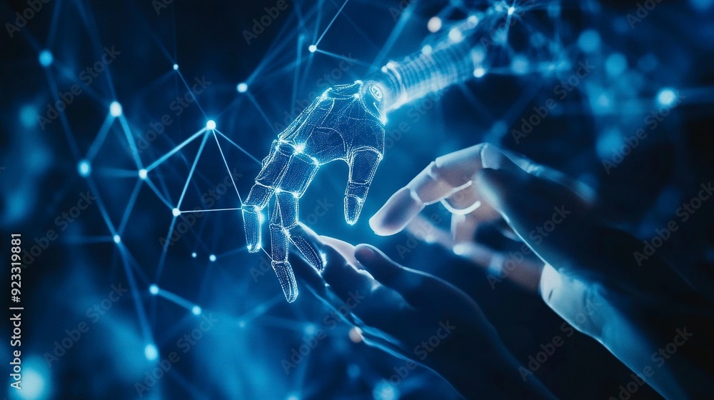 Hands of robot and human touching on big data network connection background, Science and artificial intelligence technology, innovation and futuristic. Generative ai Hands of robot and human touching on big data network connection background, Science and artificial intelligence technology, innovation and futuristic. Generative ai