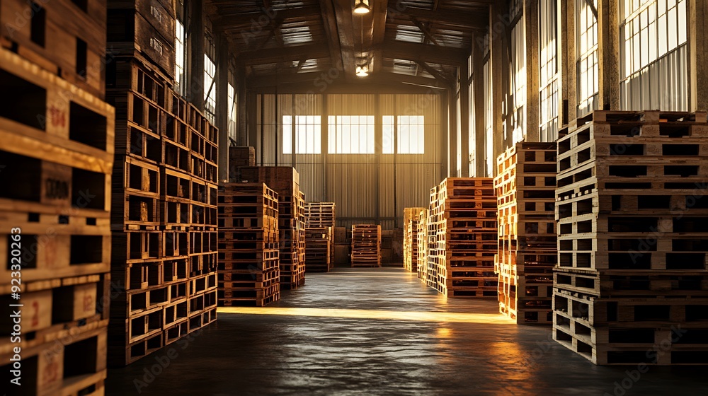 The interior of a shipping warehouse, with stacks of wooden pallets and crates waiting to be loaded. The interior of a shipping warehouse, with stacks of wooden pallets and crates waiting to be loaded.