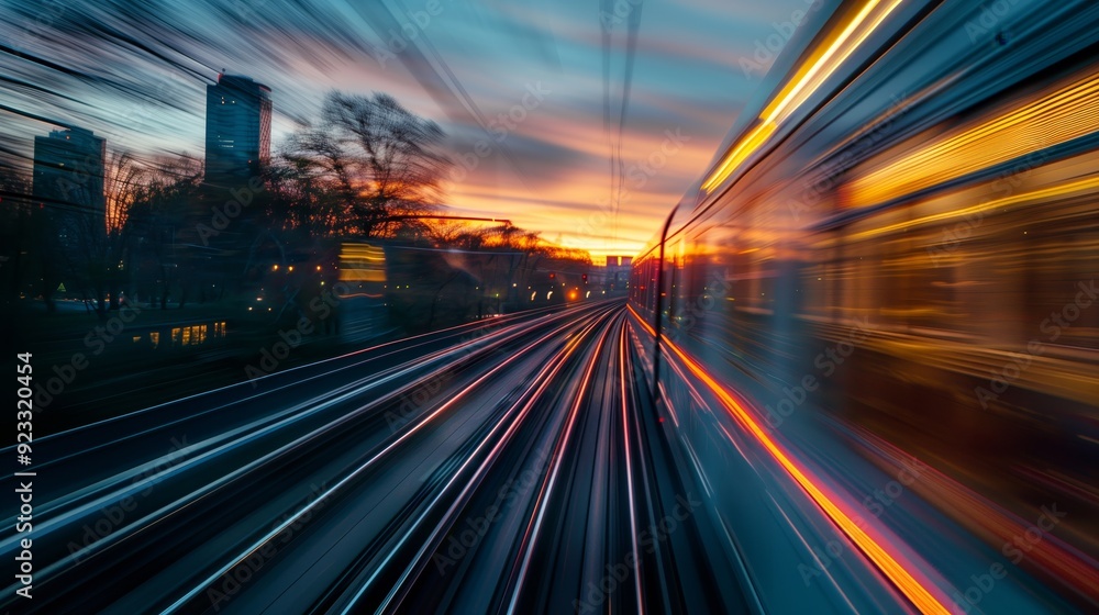 Fototapeta premium A blurry photo of the sky at dusk, with an electric train moving fast in motion blur, creating streaks of light against the evening backdrop