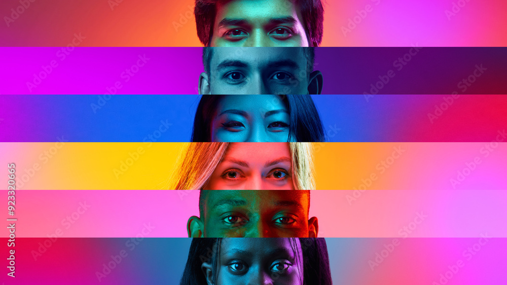 © Lustre Art Group - Colorful collage o diverse eyes in horizontal strips, with vibrant gradient backgrounds, symbolizing unity in diversity and beauty of individuality. Concept of youth, human emotions, social equality. © Lustre Art Group - Colorful collage o diverse eyes in horizontal strips, with vibrant gradient backgrounds, symbolizing unity in diversity and beauty of individuality. Concept of youth, human emotions, social equality.