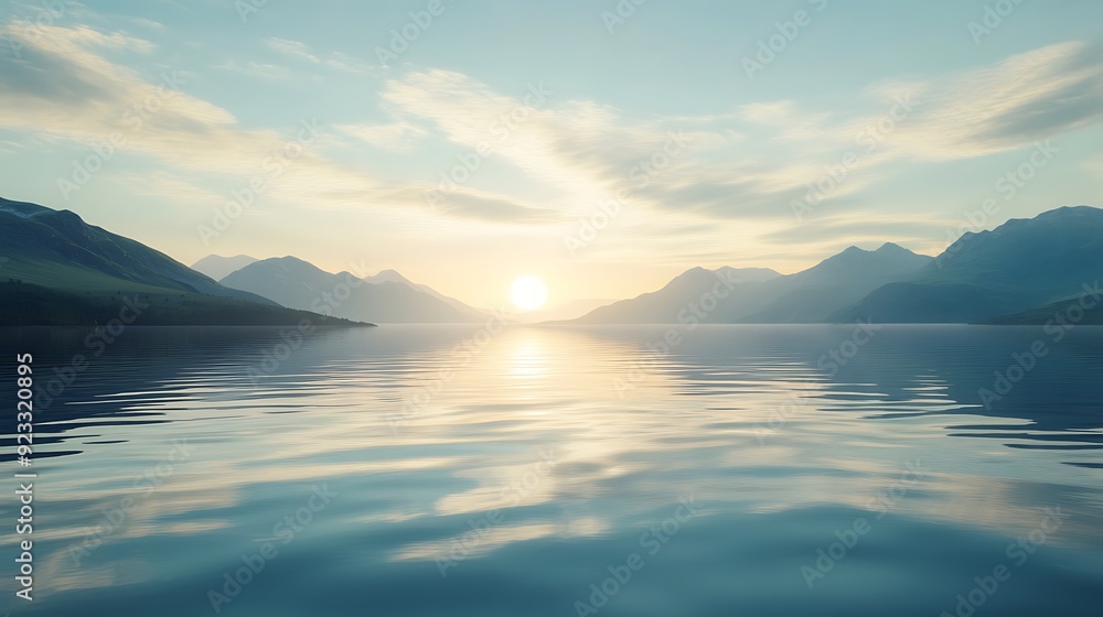 Warm afternoon light reflecting off the surface of a calm lake, with mountains in the distance. Warm afternoon light reflecting off the surface of a calm lake, with mountains in the distance.