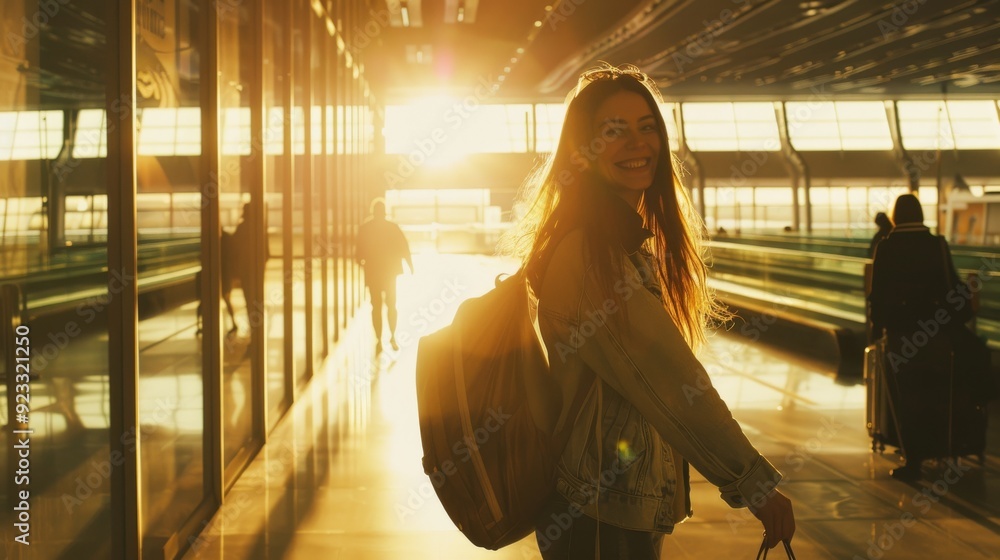 A young woman with a backpack smiles brightly as she walks through a sunlit airport terminal, ready for her next adventure. A young woman with a backpack smiles brightly as she walks through a sunlit airport terminal, ready for her next adventure.