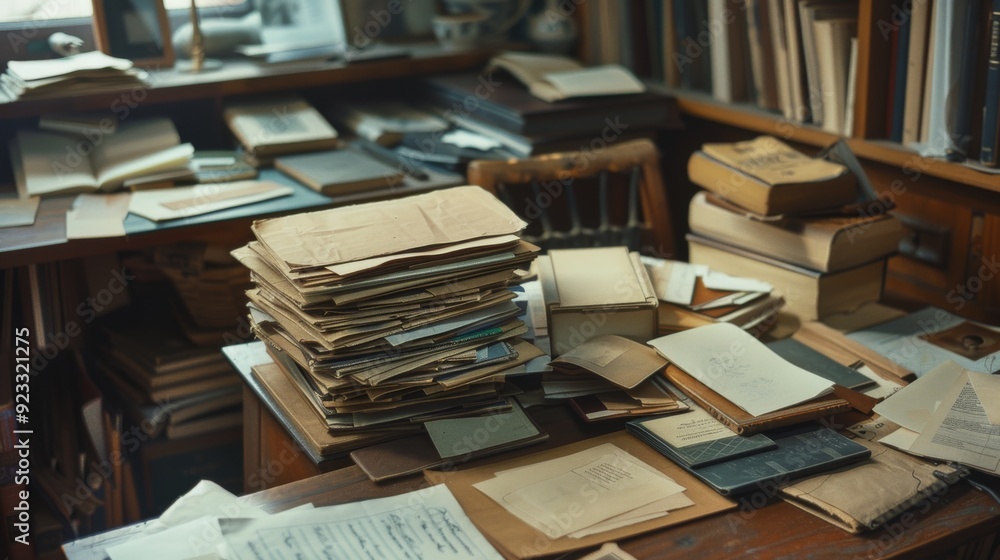 A cluttered study desk in a dimly lit room with stacks of old books and papers, exuding a quiet, intellectual atmosphere. A cluttered study desk in a dimly lit room with stacks of old books and papers, exuding a quiet, intellectual atmosphere.