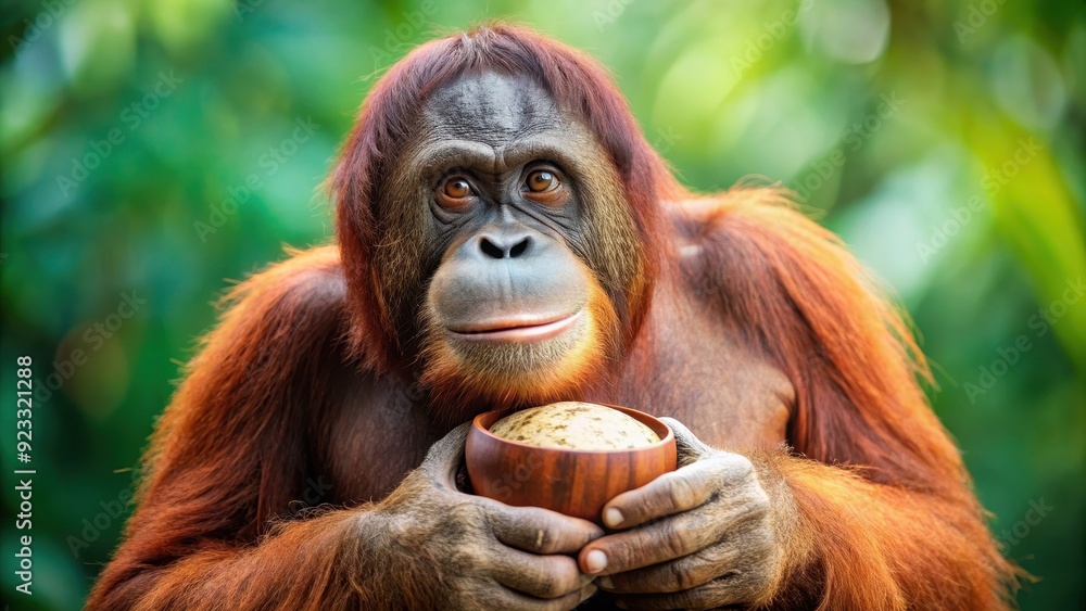 Orangutan holding a ripe coconut in half, orangutan, primate, wildlife, animal, ape, jungle, rainforest, conservation, endangered Orangutan holding a ripe coconut in half, orangutan, primate, wildlife, animal, ape, jungle, rainforest, conservation, endangered