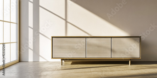 Stylish living room sideboard next to a large window in an interior design minimalist composition.