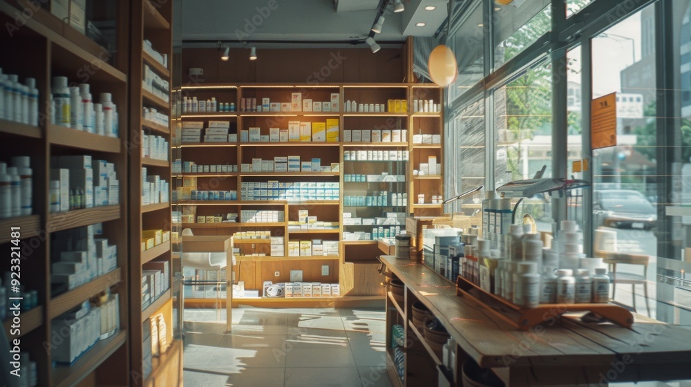 A cozy, well-lit pharmacy interior with wooden shelves filled with a variety of medical supplies, creating an inviting and orderly atmosphere. A cozy, well-lit pharmacy interior with wooden shelves filled with a variety of medical supplies, creating an inviting and orderly atmosphere.