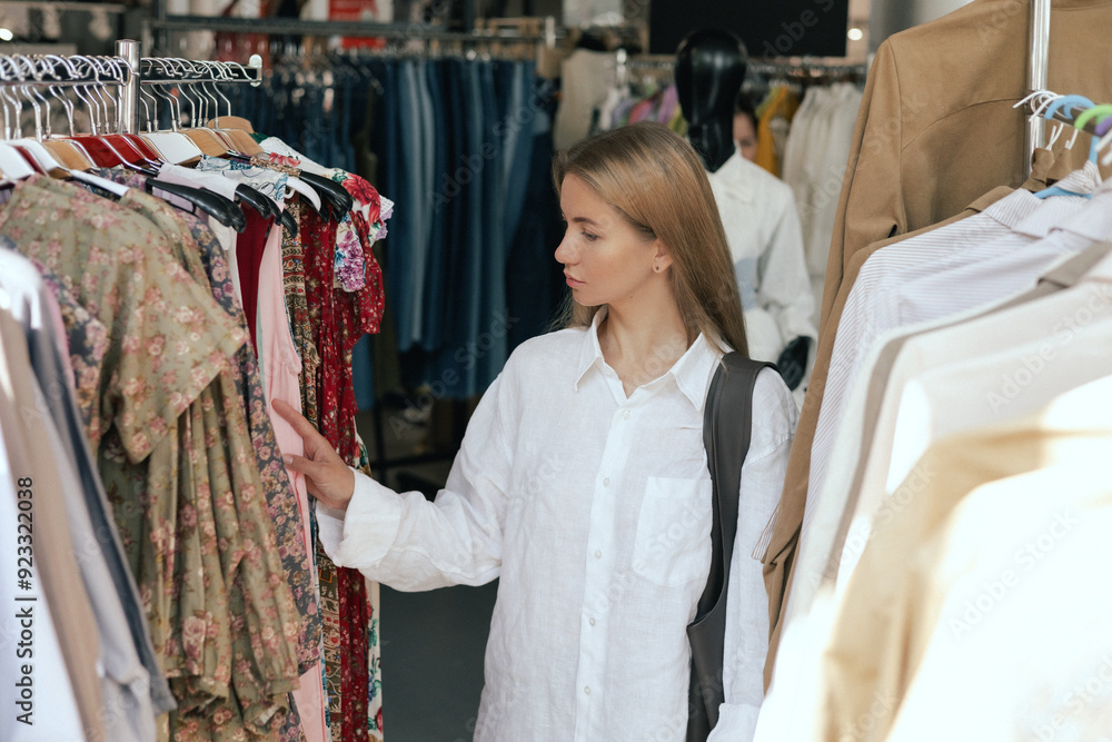 Middle aged woman runs across a rack of clothes in a shopping mall. Close-up of female hands plucked hanger choosing clothes in clothing store. Sale promotion and shopping concept. Middle aged woman runs across a rack of clothes in a shopping mall. Close-up of female hands plucked hanger choosing clothes in clothing store. Sale promotion and shopping concept.