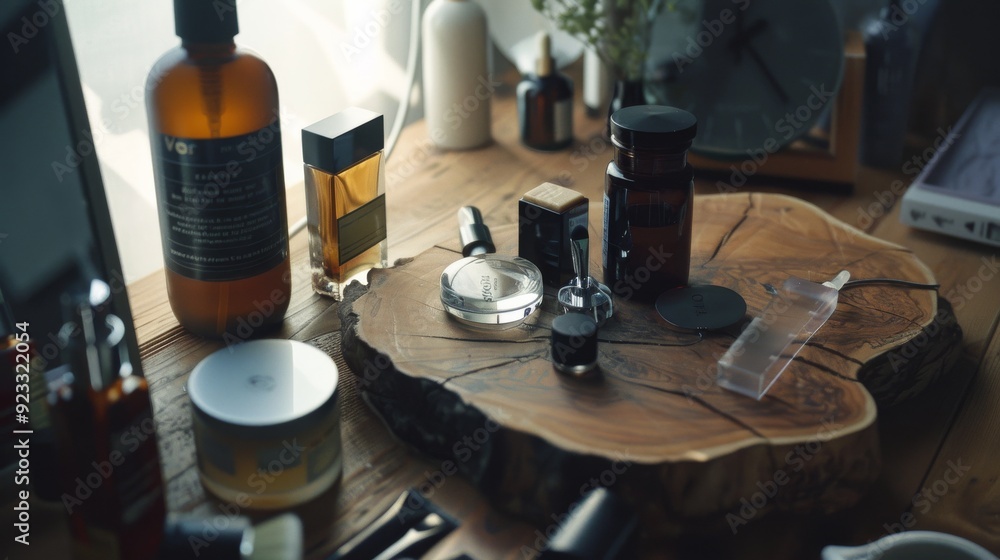 A meticulously organized vanity with a variety of personal care products displayed on a wooden slab, blending natural elements with modern beauty essentials. A meticulously organized vanity with a variety of personal care products displayed on a wooden slab, blending natural elements with modern beauty essentials.