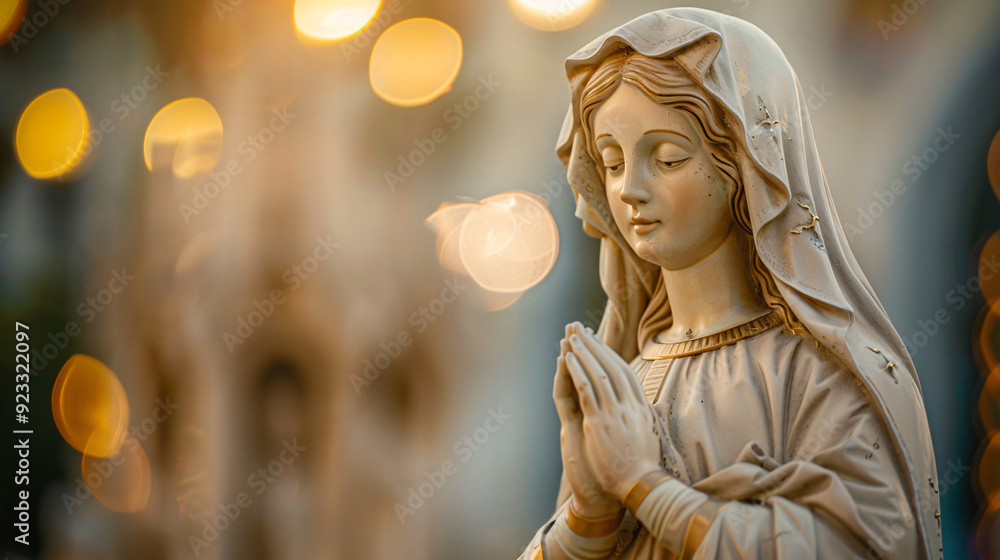 Statue of the virgin mary praying with a blurred background of warm lights Statue of the virgin mary praying with a blurred background of warm lights