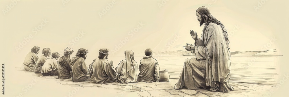 Jesus teaching His disciples by the Sea of Galilee, a depiction of ...
