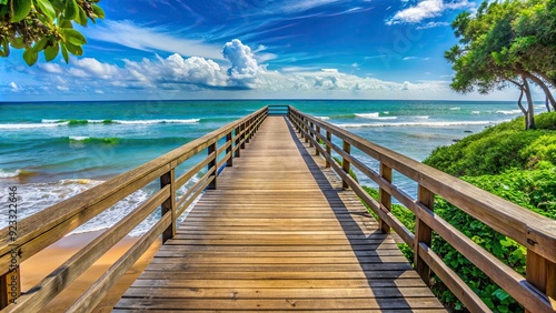 Peaceful wooden bridge overlooking the ocean at Puerto Rico's Pi?ones la posita beach, wooden bridge photo