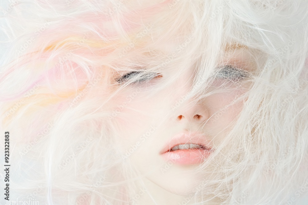 Angelic albino beauty with feathery hair and pale skin closeup portrait for fashion and cosmetic advertising Angelic albino beauty with feathery hair and pale skin closeup portrait for fashion and cosmetic advertising