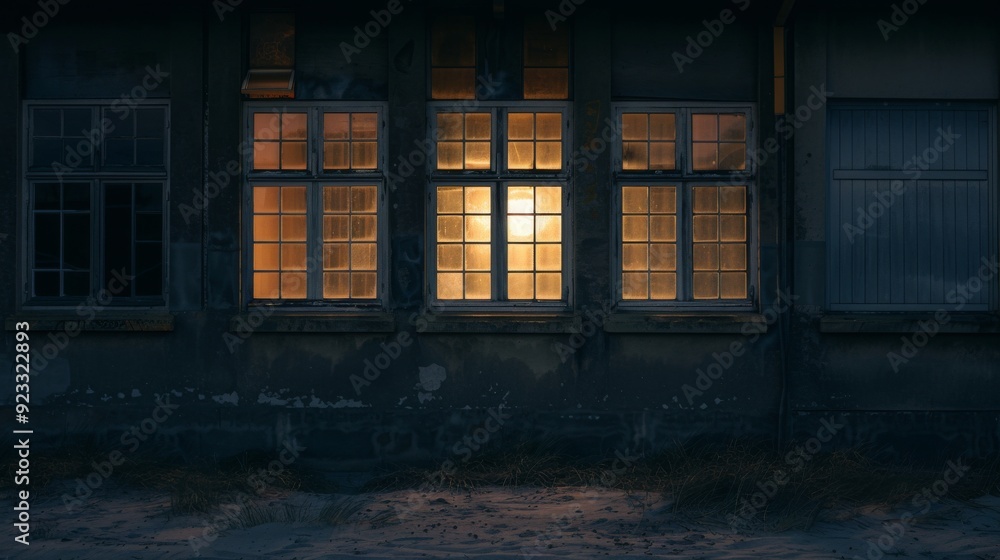 An old building's windows light up warmly in the evening, revealing hints of life inside while the exterior remains dark and weathered. An old building's windows light up warmly in the evening, revealing hints of life inside while the exterior remains dark and weathered.