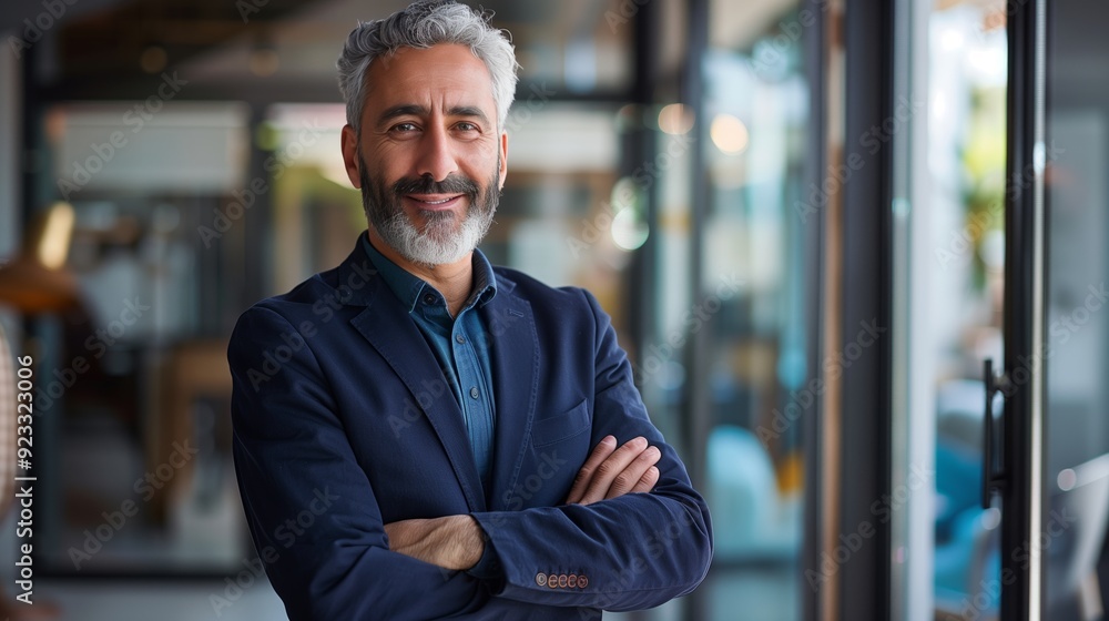 A handsome smiling businessman stands in an office with his arms crossed A handsome smiling businessman stands in an office with his arms crossed
