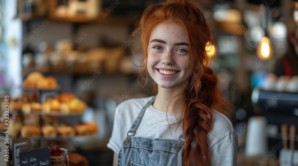 A waitress in overalls smiles for the camera in a coffee shop A waitress in overalls smiles for the camera in a coffee shop