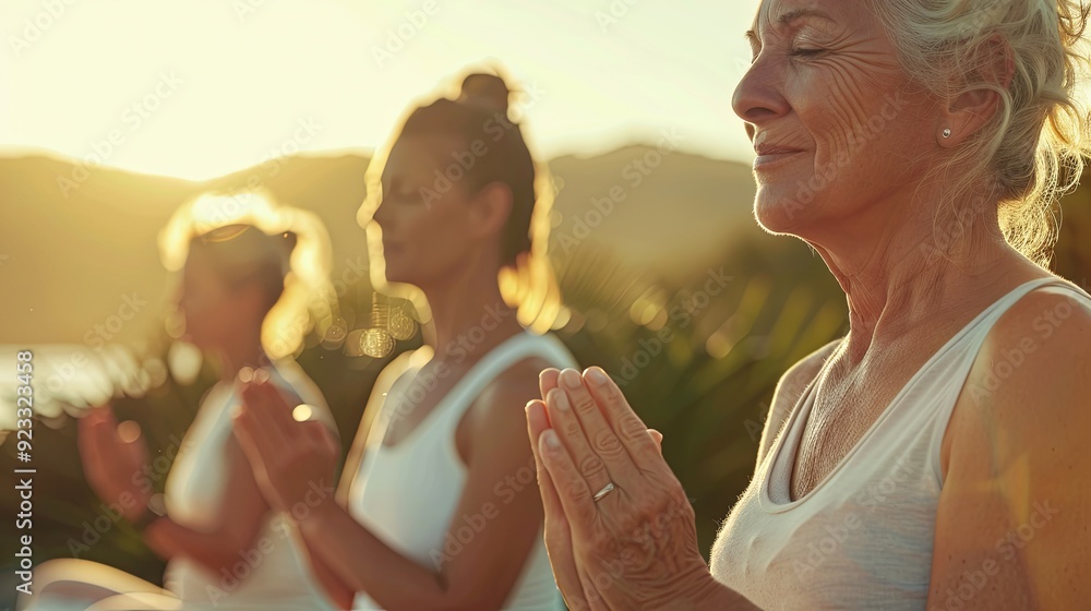 Group of mature women doing Yoga outdoors background Group of mature women doing Yoga outdoors background