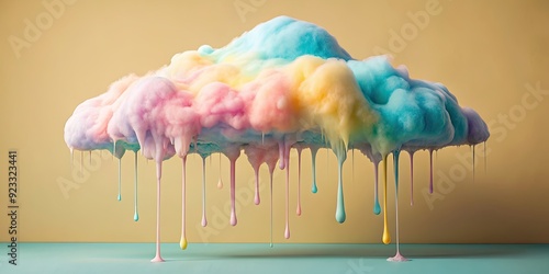 Whimsical cloud made of pastel-colored foam with dripping paint, whimsical, cloud, pastel, foam, dripping, paint, artistic