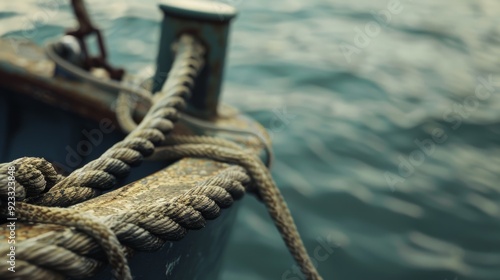 The weathered bow of a boat, tied securely by a thick rope, gently rocks on a calm, greenish-blue body of water. photo