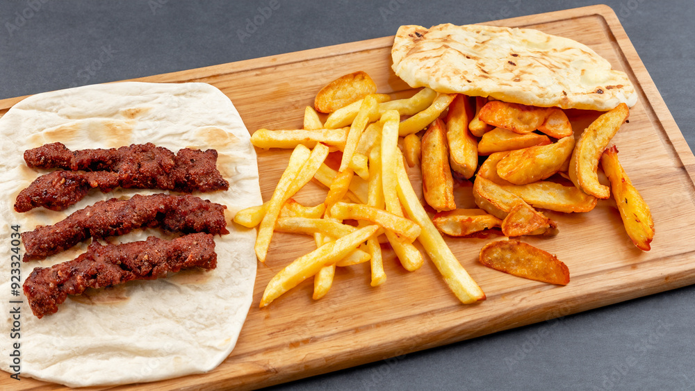 Fast food consisting of Doner Kebab fries and flatbread served on a wooden board as a square snack. Fast food consisting of Doner Kebab fries and flatbread served on a wooden board as a square snack.