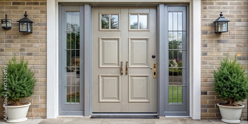 Fototapeta premium Light grey front door with glass panels , entrance, home, exterior, modern, design, residential, architecture, house