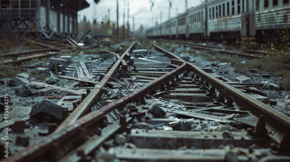 Railway tracks strewn with rubble and surrounded by stationary trains, portraying a scene of disarray and neglect. Railway tracks strewn with rubble and surrounded by stationary trains, portraying a scene of disarray and neglect.