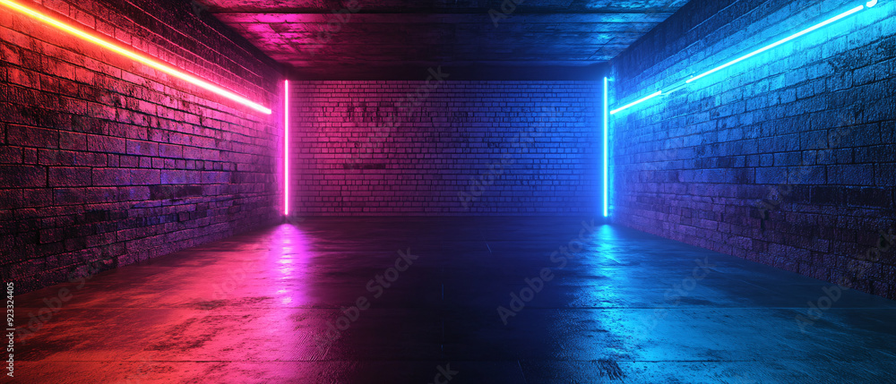 Glowing Neon Lights in a Brick Room with Concrete Floor Glowing Neon Lights in a Brick Room with Concrete Floor