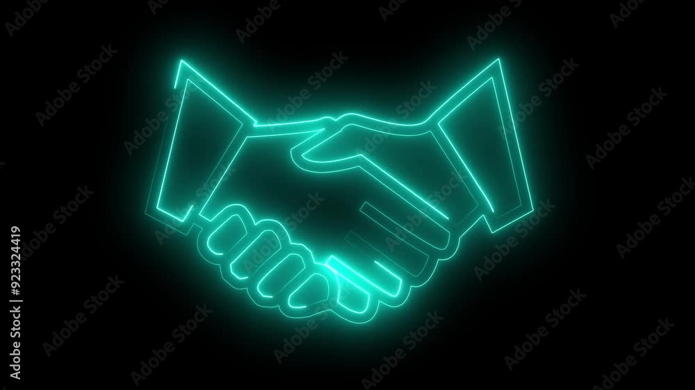 Glowing neon line icon isolated on black background. Symbol of handshake, agreement contract concept. Glowing neon line icon isolated on black background. Symbol of handshake, agreement contract concept.