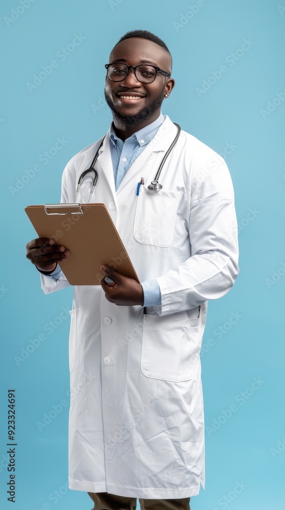 A confident doctor smiles while holding a clipboard, ready for patient consultation in a bright office A confident doctor smiles while holding a clipboard, ready for patient consultation in a bright office