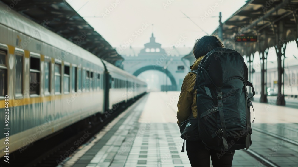 Obraz premium A lone traveler with a large backpack stands on an empty train station platform, capturing a moment of solitude and anticipation before the journey ahead.