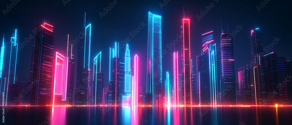 Futuristic Cityscape with Neon Lights Reflecting on Water Futuristic Cityscape with Neon Lights Reflecting on Water