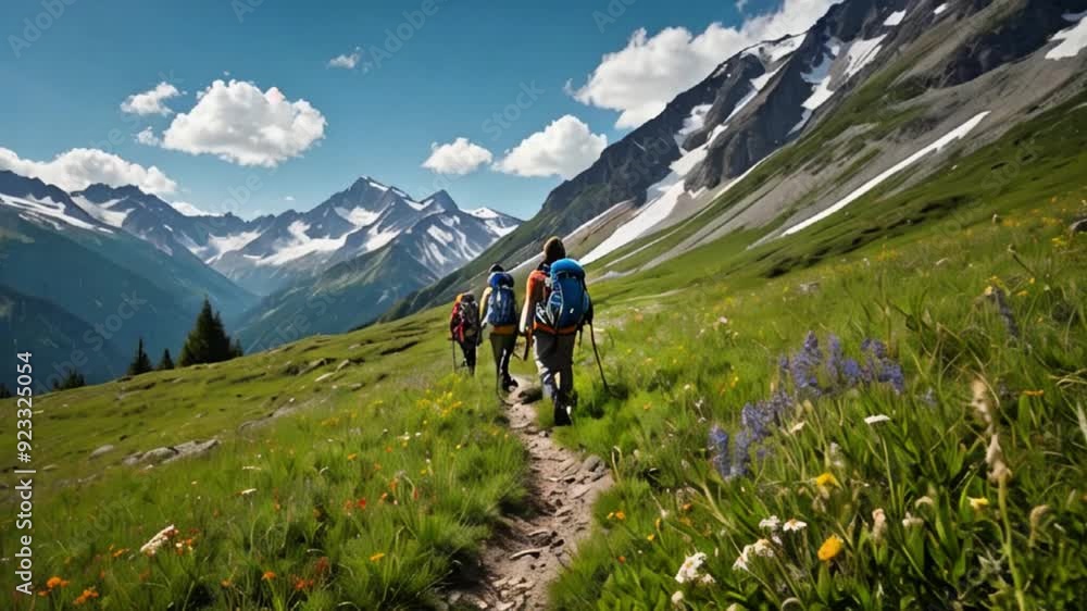 Hikers trekking in the mountains, travelers with bag pack walking over the mountainous valley on a sunny day Generative AI Hikers trekking in the mountains, travelers with bag pack walking over the mountainous valley on a sunny day Generative AI