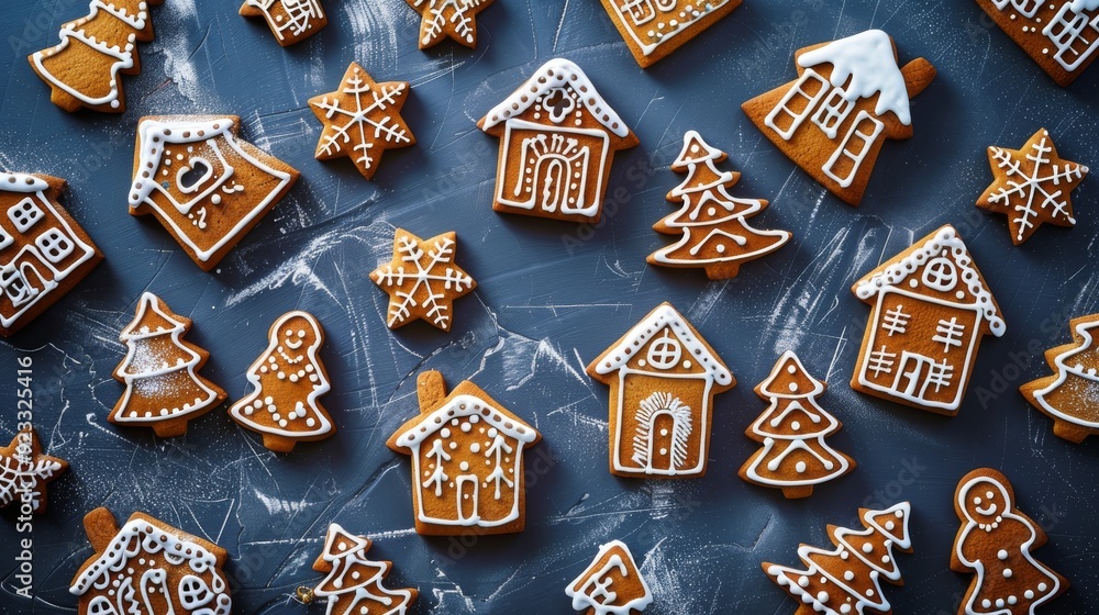 Decorated gingerbread cookies shaped like houses and trees, carefully placed on a dark textured surface, evoking a festive holiday spirit. Decorated gingerbread cookies shaped like houses and trees, carefully placed on a dark textured surface, evoking a festive holiday spirit.