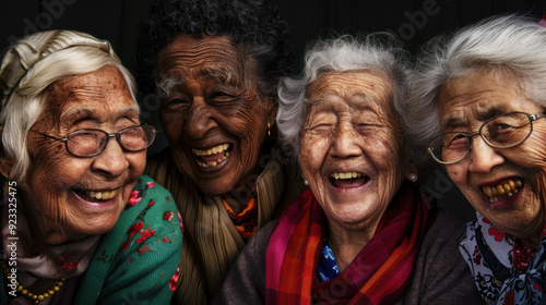 A portrait of elderly individuals from diverse backgrounds, sharing stories and laughter, representing wisdom and inclusion. photo