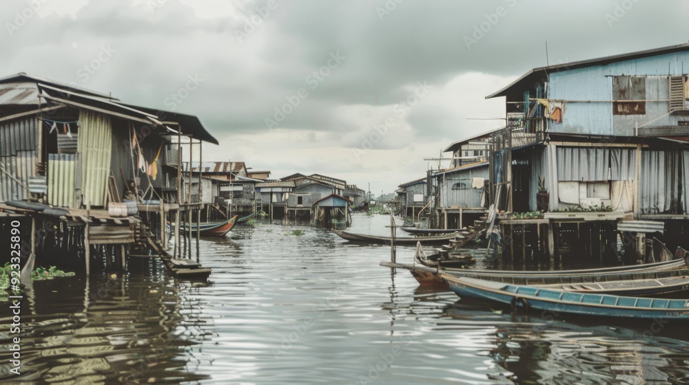 A serene scene of wooden houses on stilts over a calm river, under an overcast sky, depicting a tranquil riverside community. A serene scene of wooden houses on stilts over a calm river, under an overcast sky, depicting a tranquil riverside community.