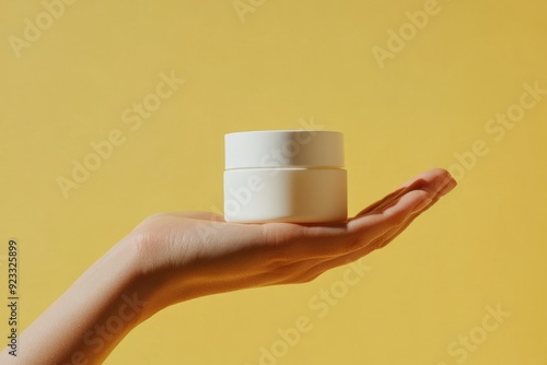 a hand holding white skin cream jar for mockup, close up, yellow background