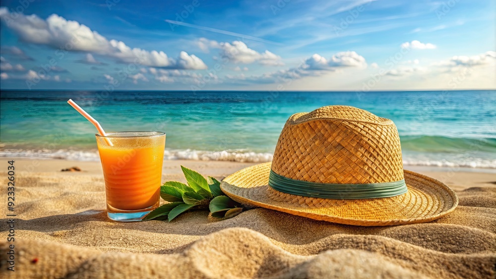 Straw hat with a tropical cocktail and juice on sandy beach, straw hat, exotic cocktail, juice, sand, beach, tropical Straw hat with a tropical cocktail and juice on sandy beach, straw hat, exotic cocktail, juice, sand, beach, tropical