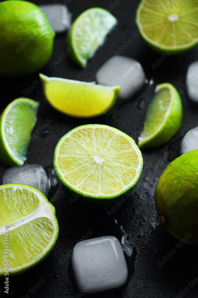 Sliced and whole limes next to ice cubes on a black background Sliced and whole limes next to ice cubes on a black background