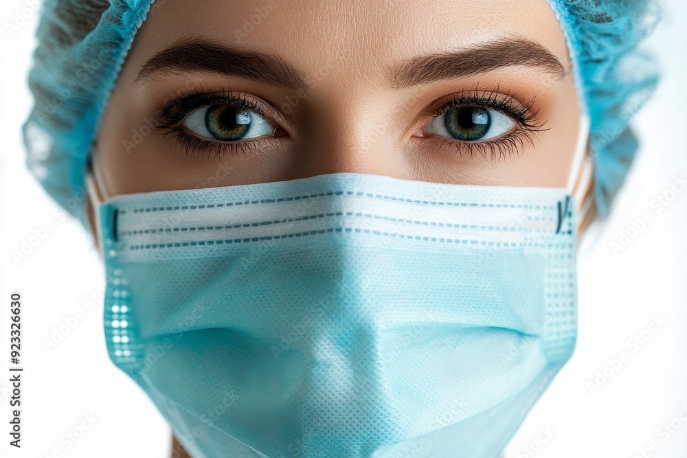 A woman wearing a surgical mask and cap looks directly at the camera. Her blue eyes are clear and determined. The light blue mask has three pleats. A woman wearing a surgical mask and cap looks directly at the camera. Her blue eyes are clear and determined. The light blue mask has three pleats.