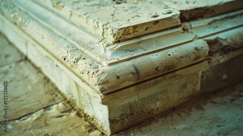 Close-up view of the intricate, weathered details on an old architectural stone, showcasing historical craftsmanship and the ravages of time. photo