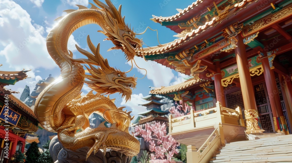 Fototapeta premium Golden dragon statues stand majestically in front of a traditional Chinese temple, with intricate architecture and a serene sky in the background.