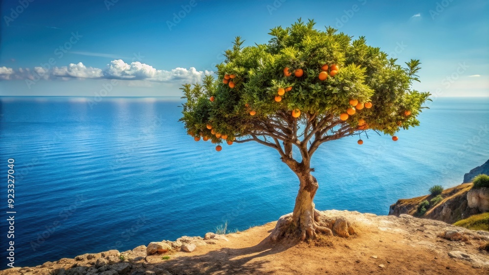 An orange tree standing on a cliff overlooking the sea , orange tree, fruit, ocean, beach, coast, citrus, vibrant An orange tree standing on a cliff overlooking the sea , orange tree, fruit, ocean, beach, coast, citrus, vibrant