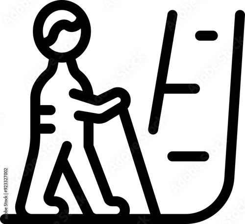 Line art icon of a senior man going up an escalator while using a walking stick