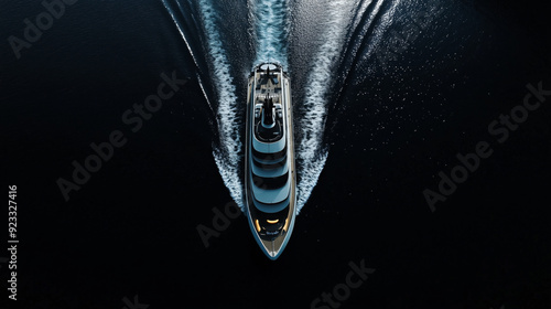 An overhead view of a luxury yacht cruising through calm dark water, leaving a smooth wake behind.