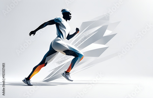 A silhouette of an athlete, in motion, telephoto lens, full of power, smooth lines, white background, sports aesthetics