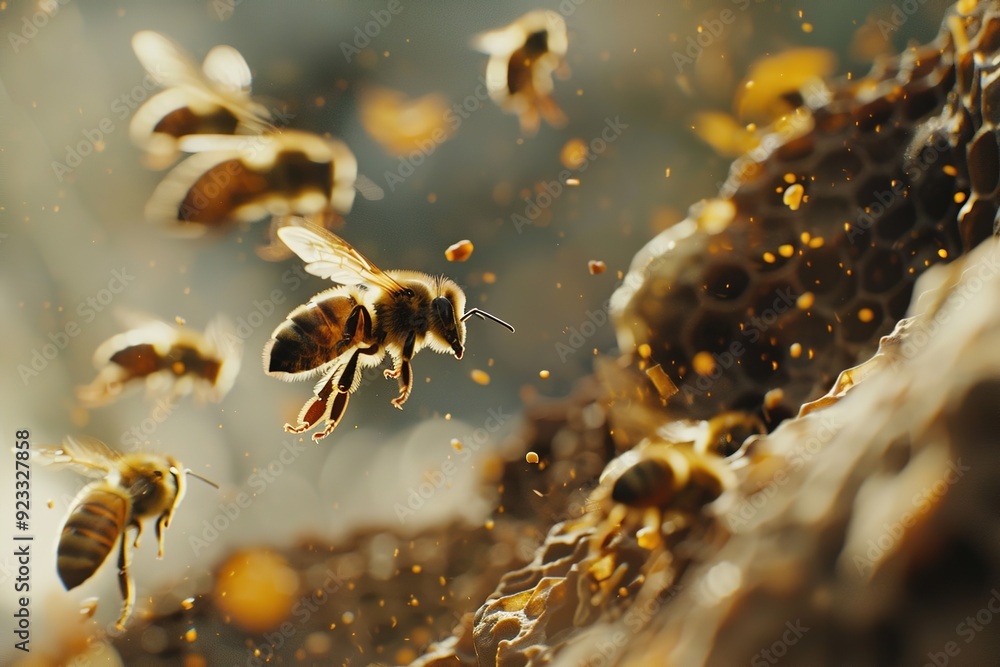 closeup group of honey bees are flying around a hive closeup group of honey bees are flying around a hive