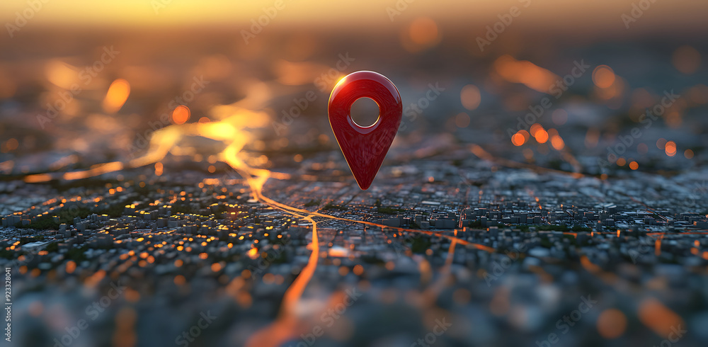 Red Location Pin on Detailed City Map in Warm Sunset Light Red Location Pin on Detailed City Map in Warm Sunset Light