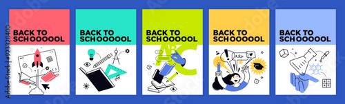 Back to school posters and banners. Vector illustration of education, learning, back to school, reading book, online course and training, distance education and e-learning.