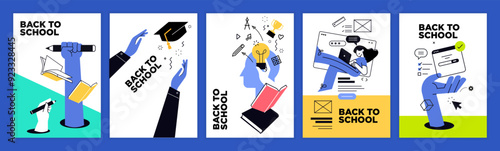 Back to school posters and banners. Vector illustration of education, learning, back to school, reading book, online course and training, distance education and e-learning.